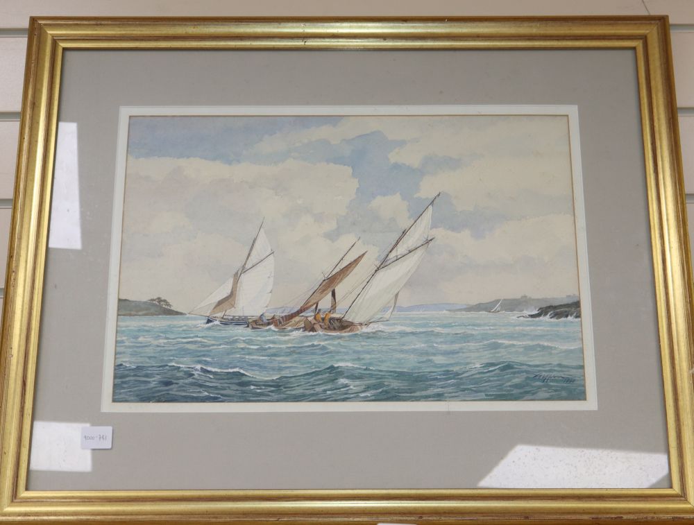David Griffin (Wapping Group), watercolour, Racing Gaffers of St Mawes, signed and dated 1990, 32 x 48cm